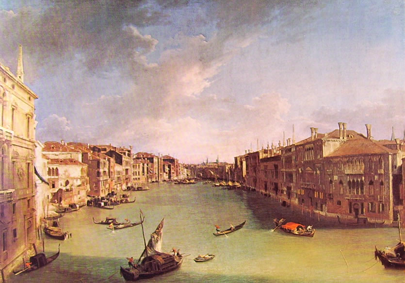 Canaletto: Il canal grande da campo San Vio presso il ponte di Rialto cm. 144 x 207, Venezia, Ca’ Rezzonico
